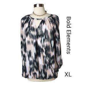 Women's Blouse XL Key Hole Neck Wrap Front Mid Sleeve Loose Tunic Top XL NWOT